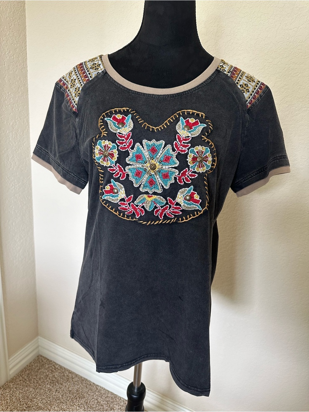 Elila Black Short-Sleeve Top with Colorful Embroidered Floral Medallion